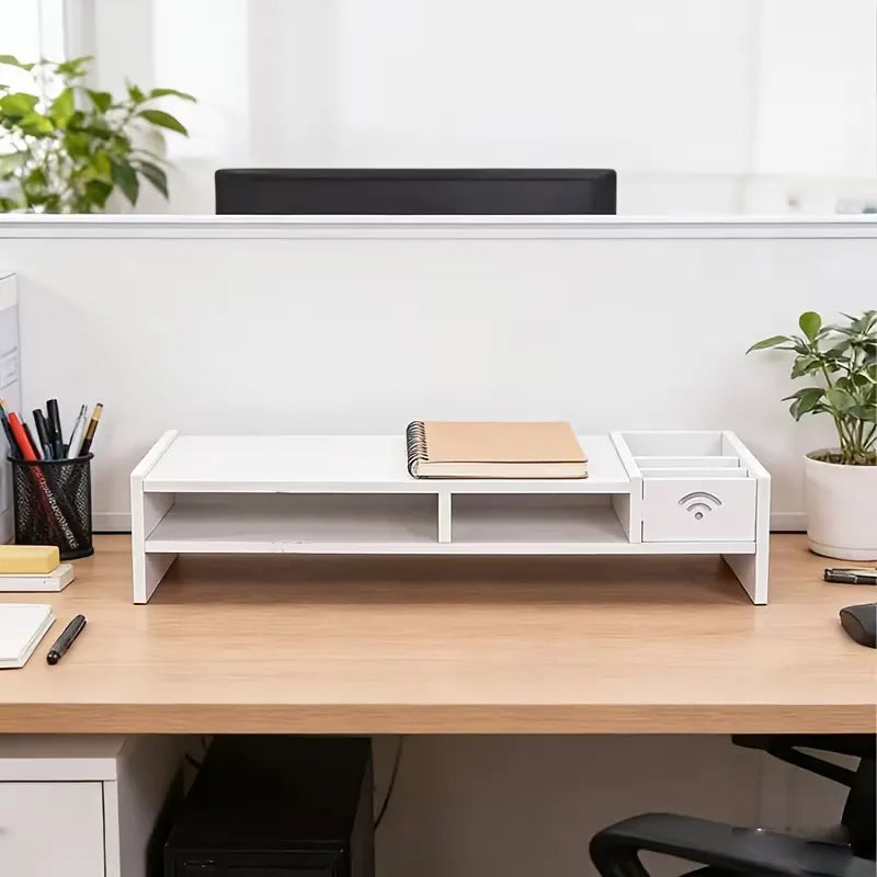 Suport monitor/laptop 49 cm cu sertar, organizator birou alb - imagine 5