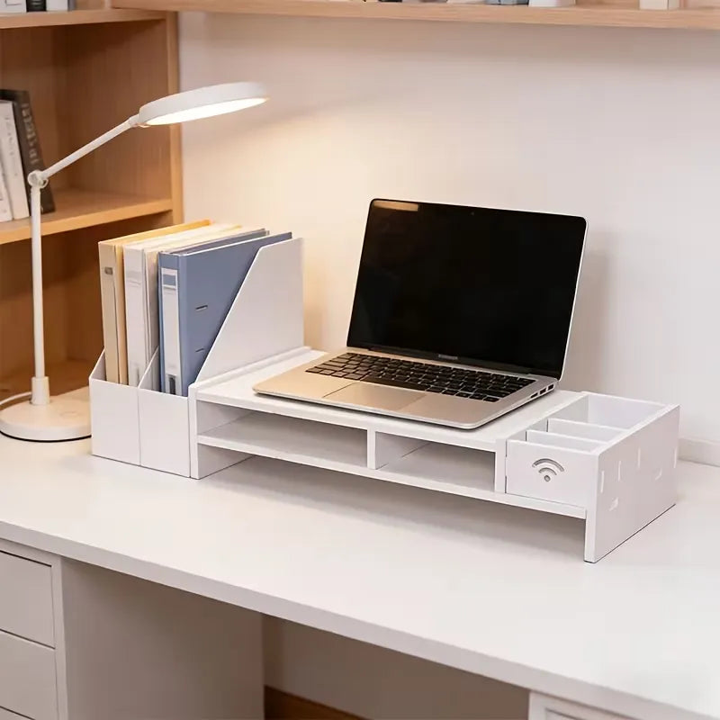 Suport monitor/laptop 49 cm cu sertar, organizator birou alb - imagine 6