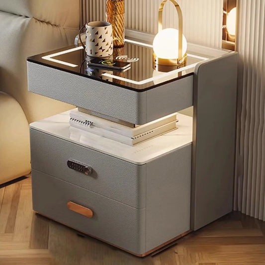 Noptieră Inteligentă cu Încărcare Wireless, Iluminare LED și 3 Sertare Gri deschis