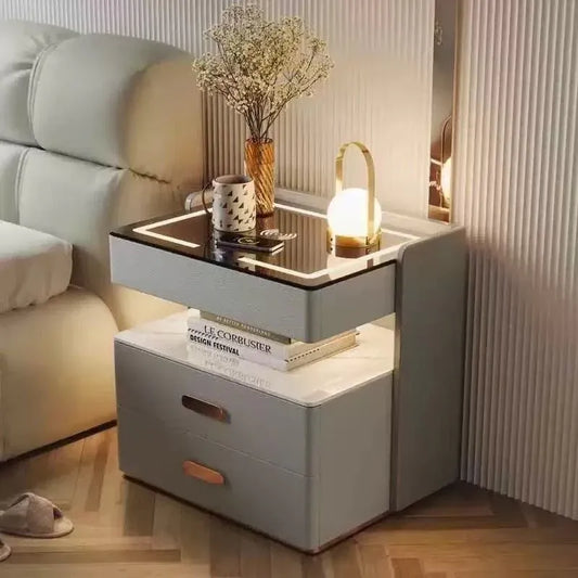 Noptieră Inteligentă cu Încărcare Wireless, Iluminare LED și 3 Sertare Gri deschis