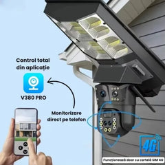 Lampă Solară cu Cameră de Supraveghere 4G SIM, Aplicație Mobilă V380, Audio Bidirecțional