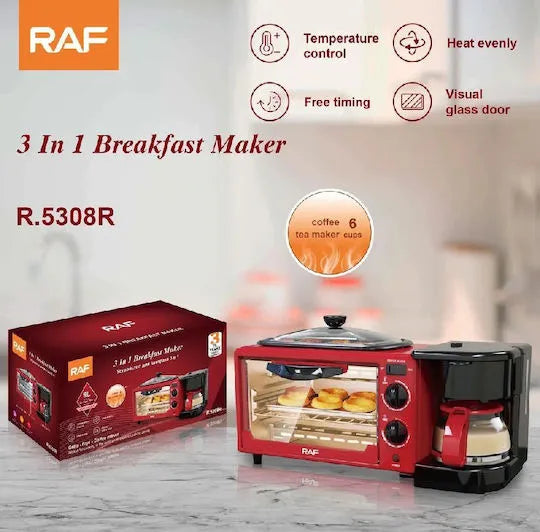 Stație Multifuncțională pentru Mic Dejun 3 în 1, Cuptor Electric, Cafetieră și Tigaie, 1400W