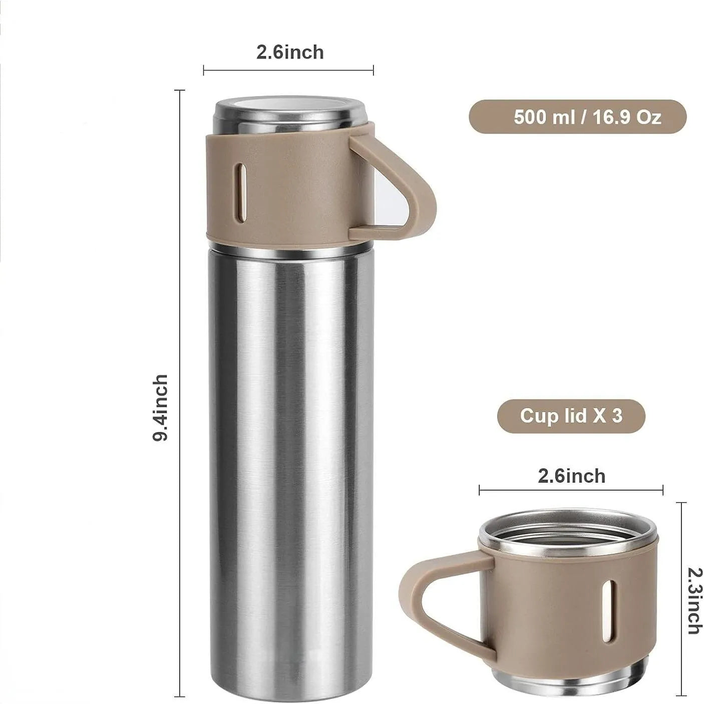 Set termos 500 ml cu 3 cesti din inox, ideal pentru calatorii si activitati in aer liber