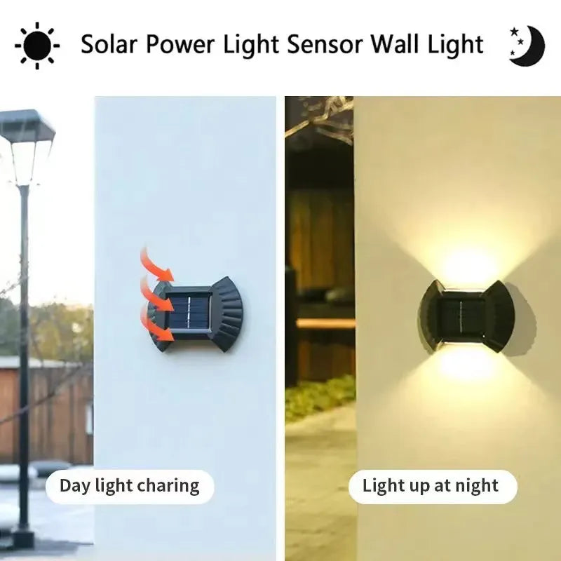 Set 4 Aplice Solare LED pentru Perete, Iluminare Bidirecțională, 8 LED-uri, IP65, Lumină Alb Cald
