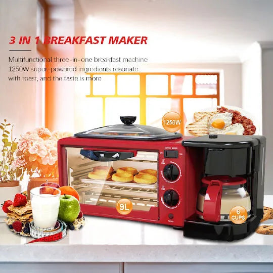 Stație Multifuncțională pentru Mic Dejun 3 în 1, Cuptor Electric, Cafetieră și Tigaie, 1400W - imagine 2