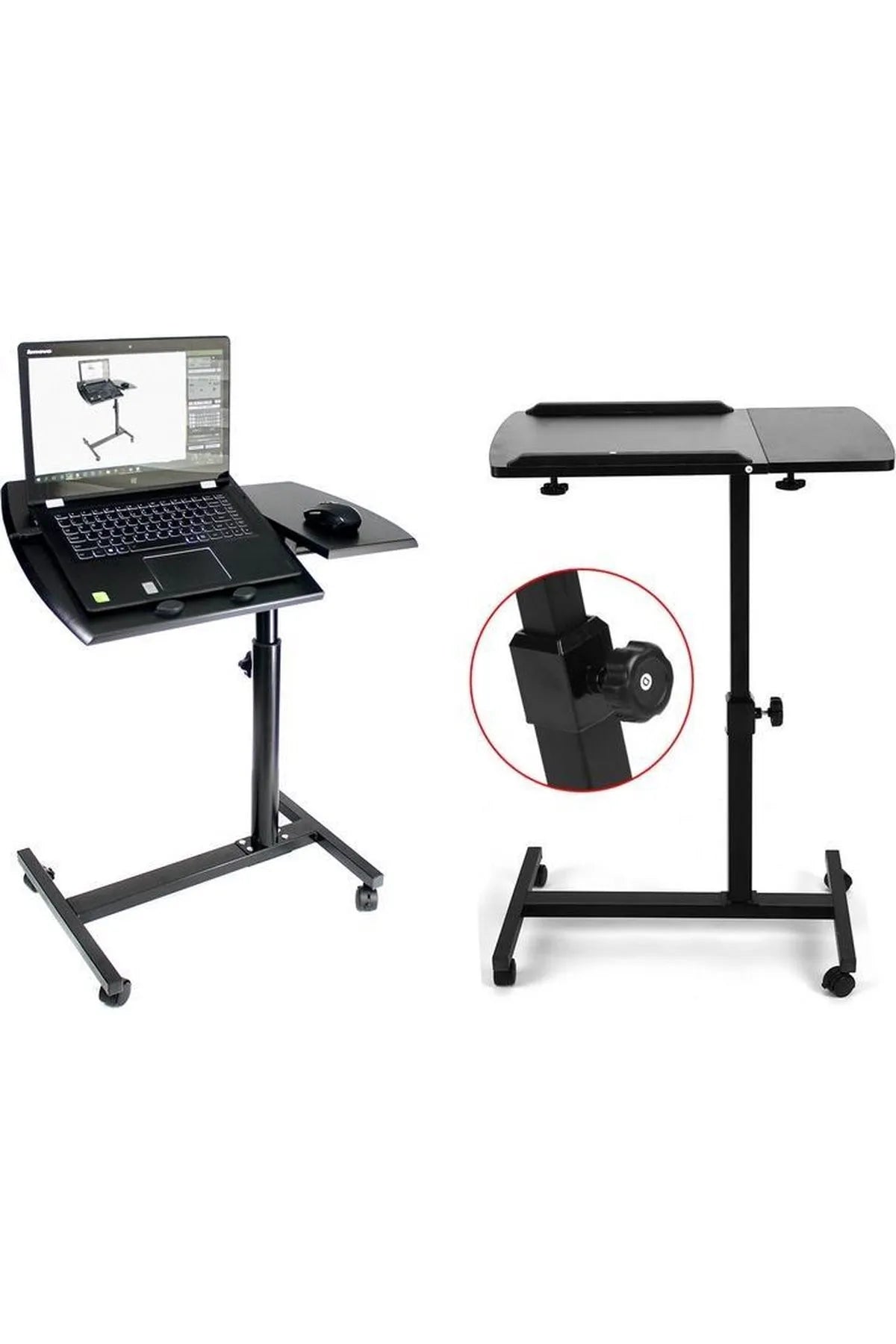 Masă Metalică pentru Laptop cu Roți, Reglabilă pe Înălțime și Unghi, Neagră