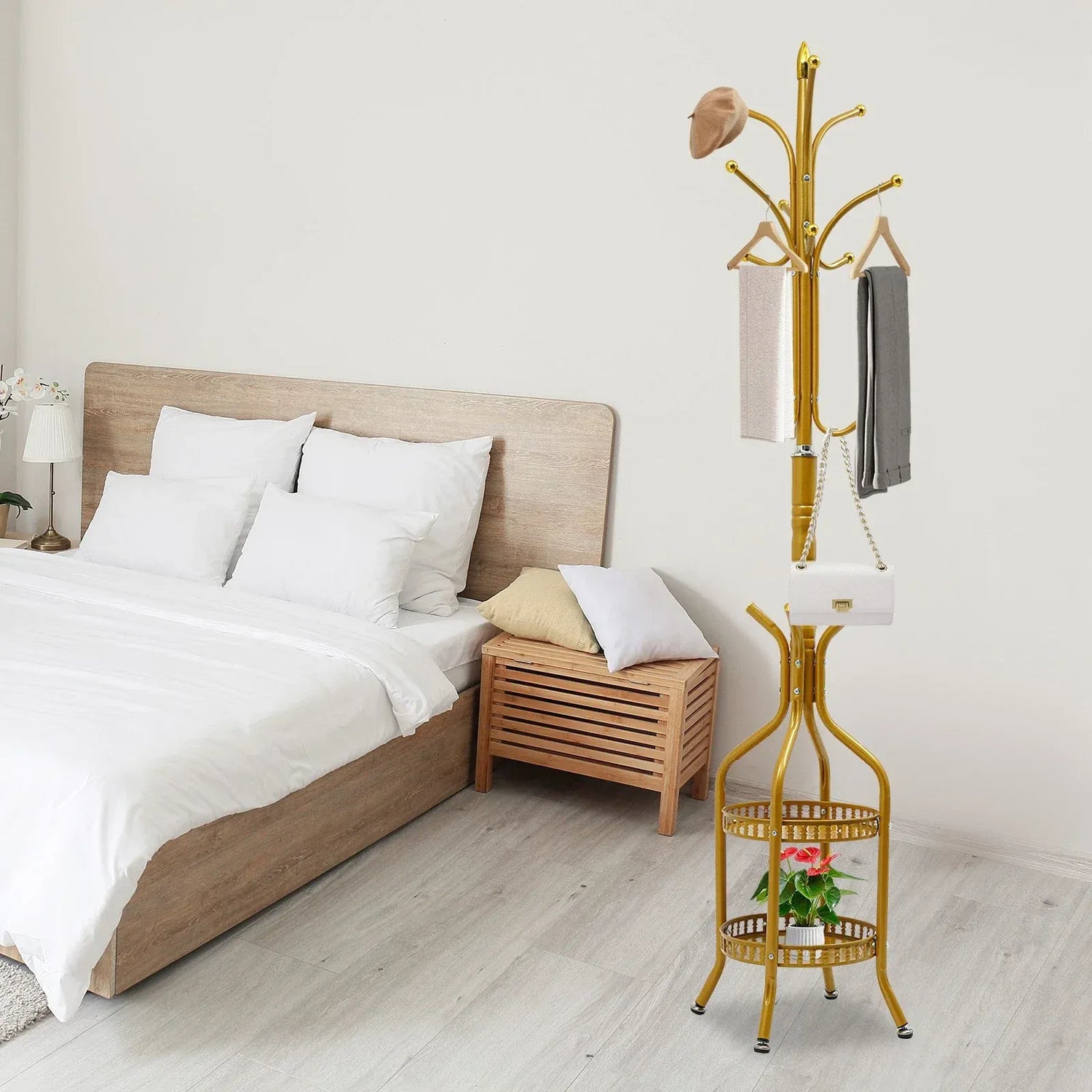 Cuier de Podea Metalic Auriu – 34 x 189 cm, cu Cârlige Multiple și 2 Rafturi de Depozitare - imagine 3
