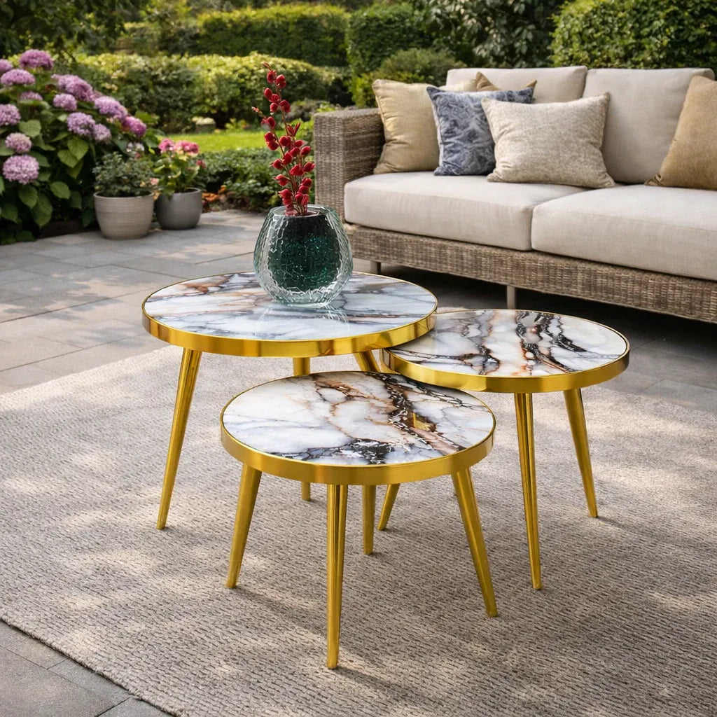 Set 3 Măsuțe de Cafea Tip Nesting – Rotunde, Alb și Auriu