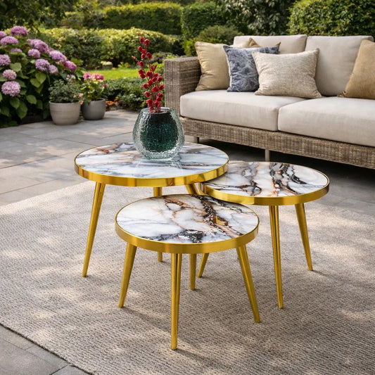 Set 3 Măsuțe de Cafea Tip Nesting – Rotunde, Alb și Auriu