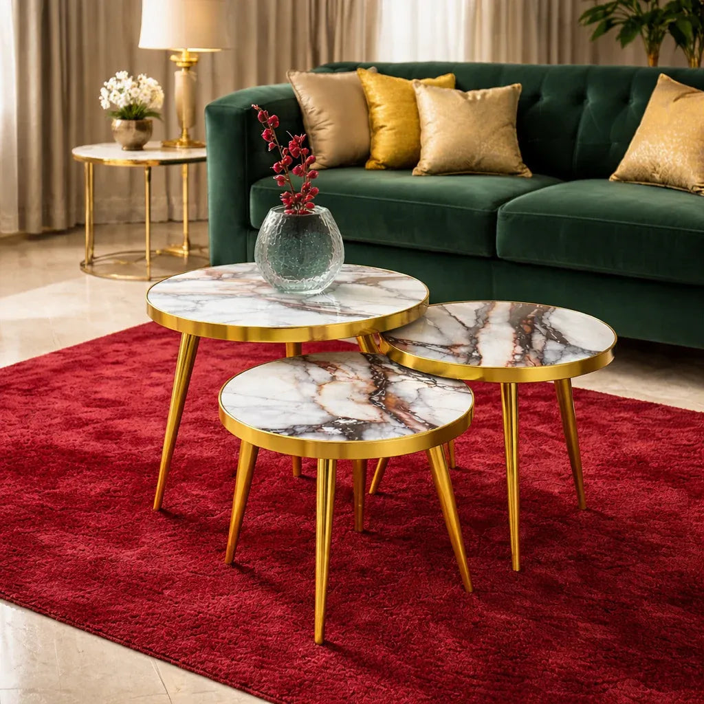Set 3 Măsuțe de Cafea Tip Nesting – Rotunde, Alb și Auriu - imagine 2