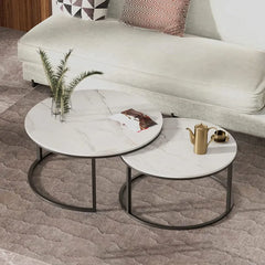 Set 2 Măsuțe Rotunde de Cafea cu Efect Marmură – Blat MDF 15 mm și Cadru Metalic