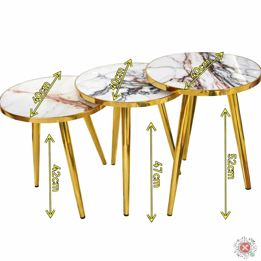 Set 3 Măsuțe de Cafea Tip Nesting – Rotunde, Alb și Auriu - imagine 4