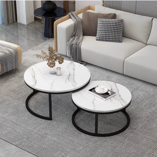 Set 2 Măsuțe Rotunde de Cafea cu Efect Marmură – Blat MDF 15 mm și Cadru Metalic