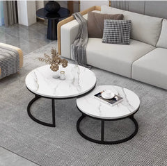 Set 2 Măsuțe Rotunde de Cafea cu Efect Marmură – Blat MDF 15 mm și Cadru Metalic