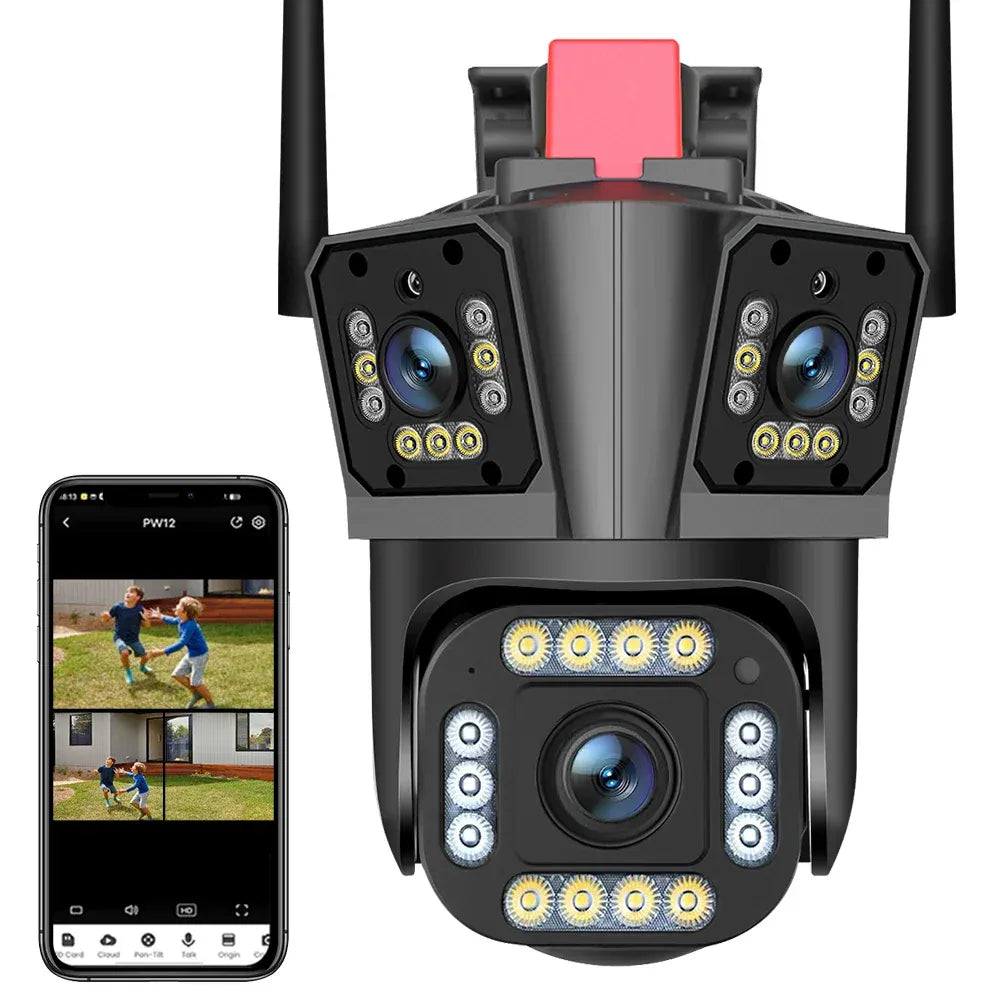 Cameră de Supraveghere Triplă WiFi 12MP Ultra HD, Zoom 5X, Rotire PTZ, Alarmă și Comunicare Bidirecțională