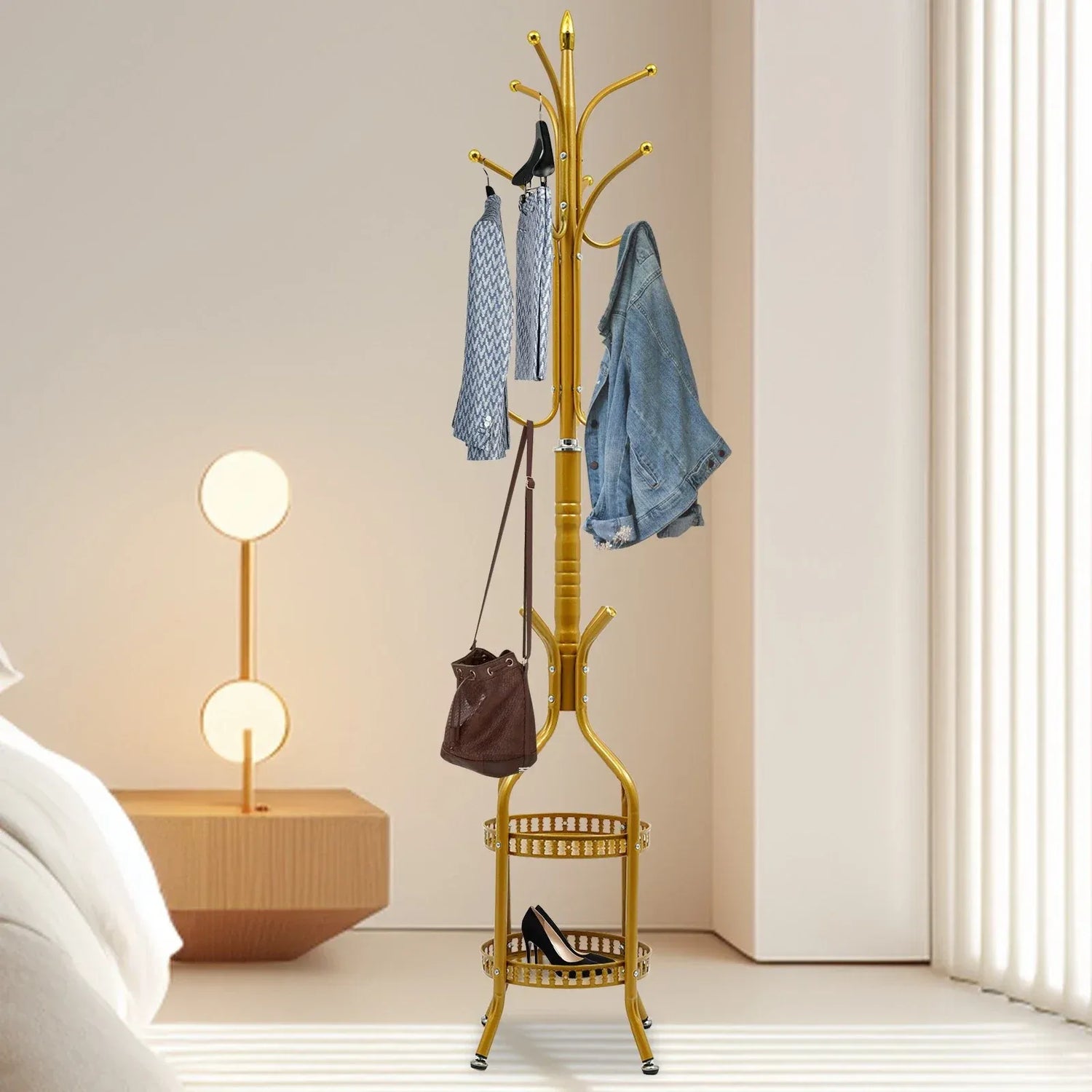 Cuier de Podea Metalic Auriu – 34 x 189 cm, cu Cârlige Multiple și 2 Rafturi de Depozitare - imagine 2