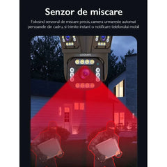 Cameră de Supraveghere Triplă WiFi 12MP Ultra HD, Zoom 5X, Rotire PTZ, Alarmă și Comunicare Bidirecțională
