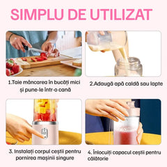 Mini Blender Portabil Electric cu Acumulator, 2 Recipiente, 6 Lame 3D, 400 ml, 40W