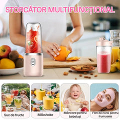 Mini Blender Portabil Electric cu Acumulator, 2 Recipiente, 6 Lame 3D, 400 ml, 40W