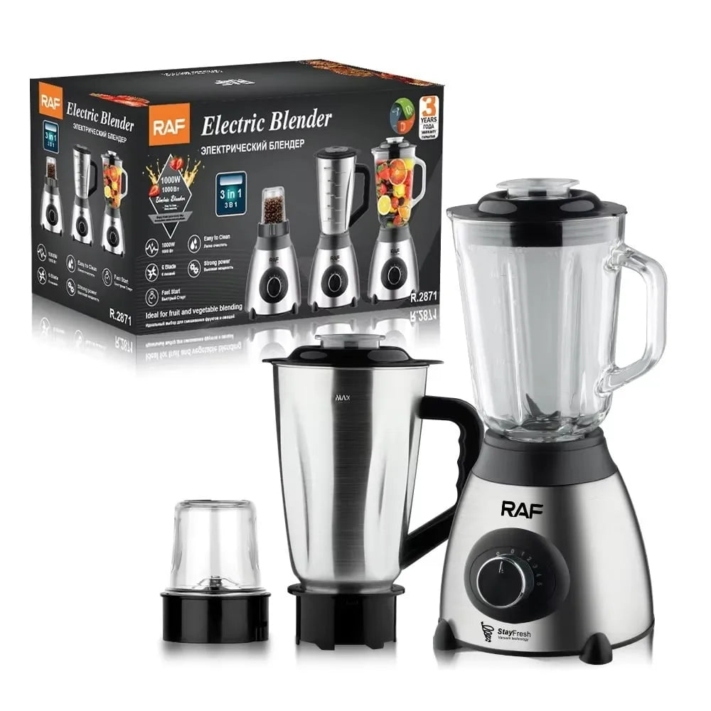 Blender Electric 3 în 1, 1000W, Vas din Sticlă 1.5L, Bol Inox și Râșniță, 2 Viteze + Pulse
