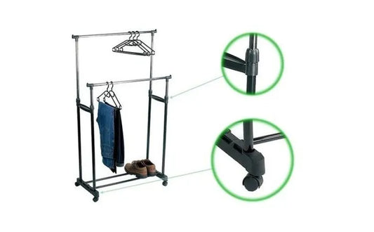 Suport Mobil Dublu Metalic pentru Haine cu Înălțime Reglabilă 86–161 cm