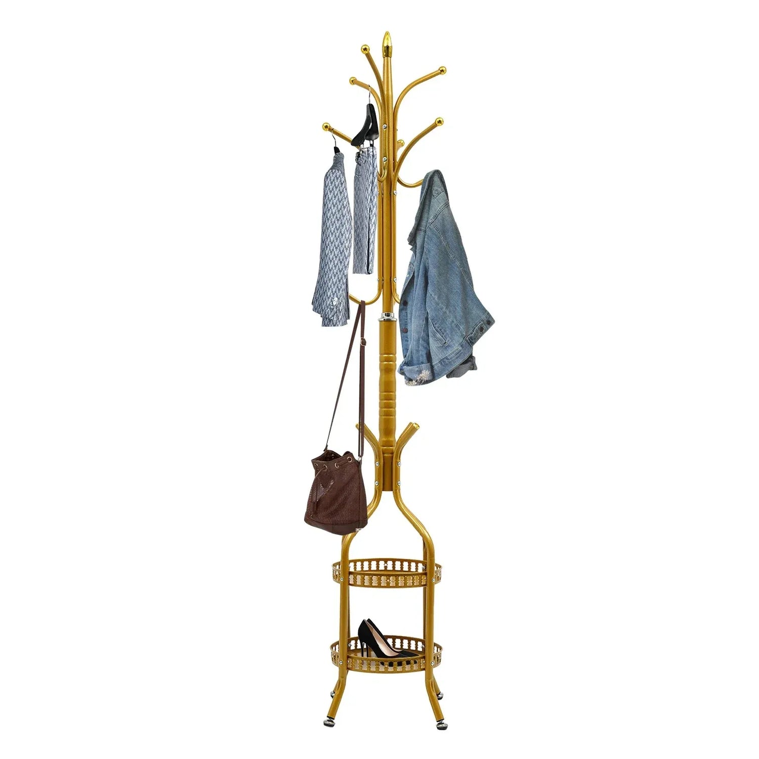 Cuier de Podea Metalic Auriu – 34 x 189 cm, cu Cârlige Multiple și 2 Rafturi de Depozitare - imagine 10