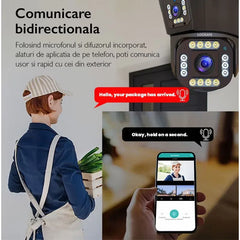 Cameră de Supraveghere Triplă WiFi 12MP Ultra HD, Zoom 5X, Rotire PTZ, Alarmă și Comunicare Bidirecțională