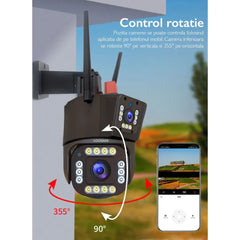 Cameră de Supraveghere Triplă WiFi 12MP Ultra HD, Zoom 5X, Rotire PTZ, Alarmă și Comunicare Bidirecțională