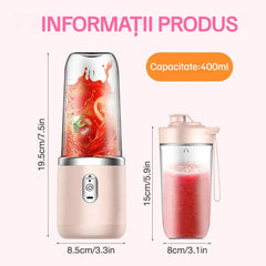 Mini Blender Portabil Electric cu Acumulator, 2 Recipiente, 6 Lame 3D, 400 ml, 40W
