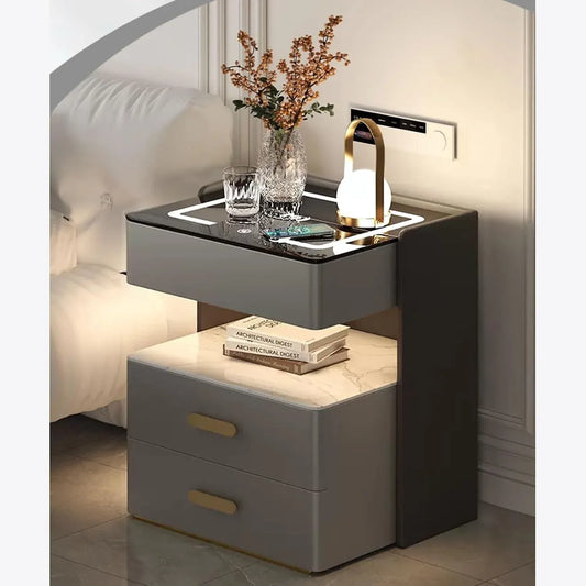Noptieră Inteligentă cu Încărcare Wireless, Iluminare LED și 3 Sertare Gri Antracit