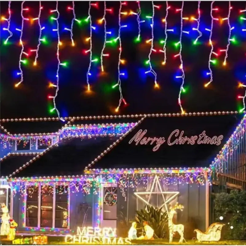 Instalație de Crăciun tip turturi multicolor cu 300 LED-uri pentru decor exterior festiv