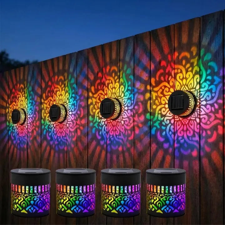 Lampa Solara de Perete cu Proiectie Mandala, 7 Culori Schimbatoare, Set 4 Bucati, Metalica, Impermeabila IP65, Negru