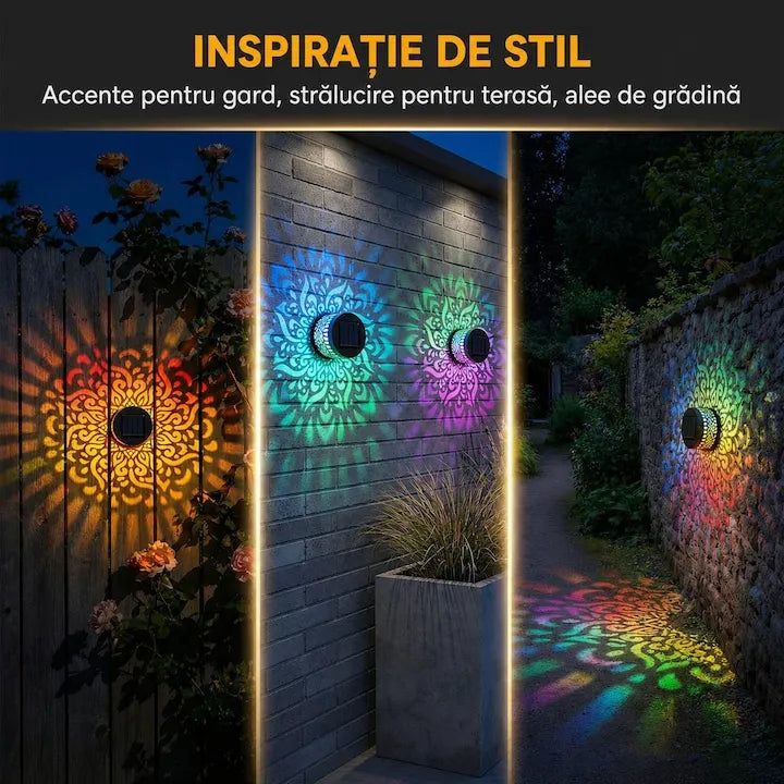 Lampa Solara de Perete cu Proiectie Mandala, 7 Culori Schimbatoare, Set 4 Bucati, Metalica, Impermeabila IP65, Negru - imagine 2