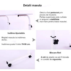Masuta Laptop Reglabila cu Roti 60x40 cm, Cadru Metalic, Blat MDF, Inaltime Ajustabila, Maro