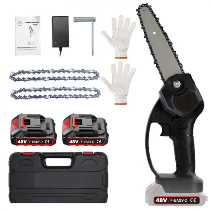 Mini Drujba tip Fierastrau cu Lant Electric Portabil, 2 Lanturi 6 inch, 2 Acumulatori 48V, Autonomie 4 Ore, 2 Manusi, Negru