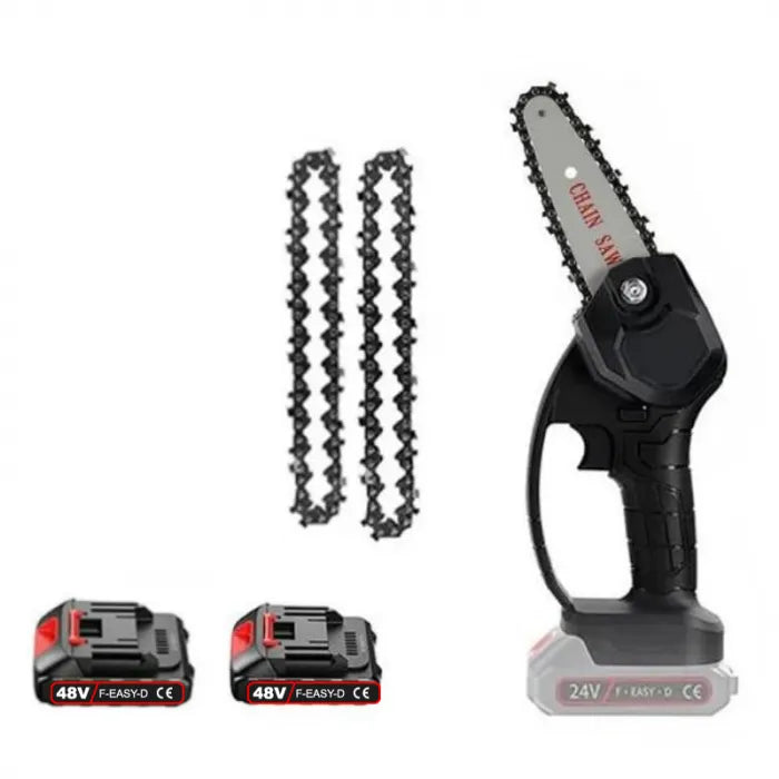 Mini Drujba tip Fierastrau cu Lant Electric Portabil, 2 Lanturi 6 inch, 2 Acumulatori 48V, Autonomie 4 Ore, 2 Manusi, Negru - imagine 3