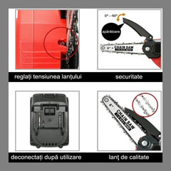 Mini Drujba tip Fierastrau cu Lant Electric Portabil, 2 Lanturi 6 inch, 2 Acumulatori 48V, Autonomie 4 Ore, 2 Manusi, Negru - imagine 7
