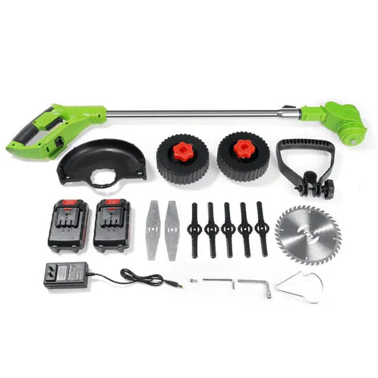 Set complet de accesorii pentru motocoasă, incluzând lame de tăiere, acumulatori, încărcător și roți.