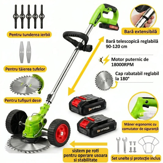 Motocoasă cu Acumulator 48V, 2 Acumulatori 4000mAh, 18.000 RPM, Roți Detașabile - imagine 3