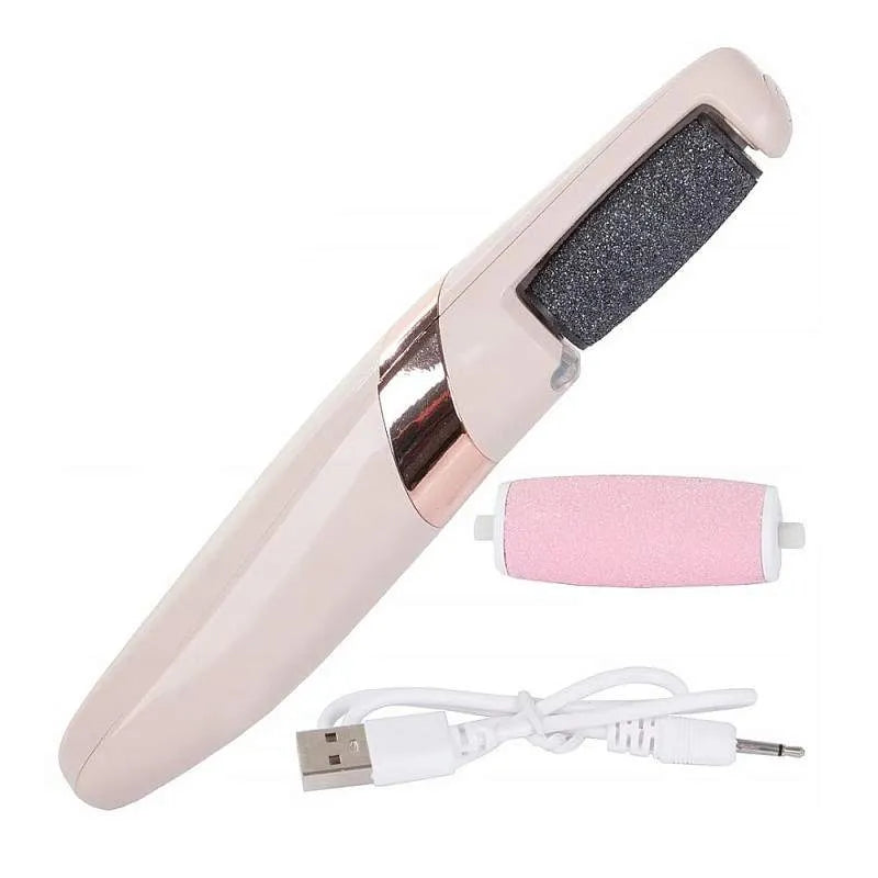 Pila Electrica pentru Curatare Calcaie, Talpi si Unghii, Lumina LED, Rezistenta la Apa, Incarcare USB, Cap Rotativ 360 Grade, 2 Role Abraziva/Neteda, Roz