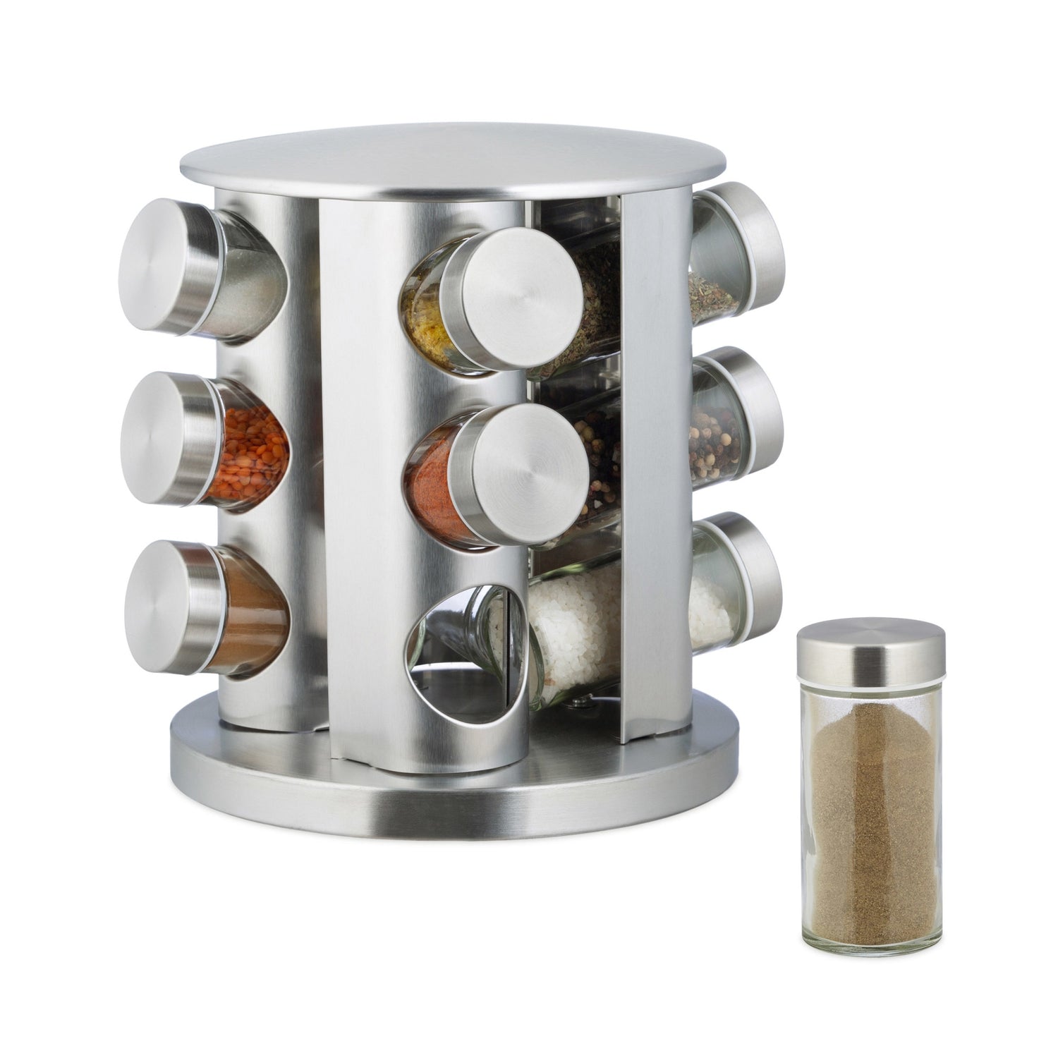 Set 12 Recipiente Condimente din Inox și Sticlă – Suport Rotativ 360°