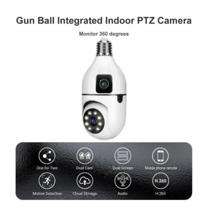 Cameră de Supraveghere Tip Bec cu 2 Obiective – Wi-Fi 2.4G, 1080p FHD, Senzor Mișcare, Night Vision
