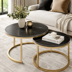 Set 2 Masute Rotunde de Cafea, Efect Marmura, Blat MDF, Cadru Metalic Auriu, 70x45 cm si 50x38 cm