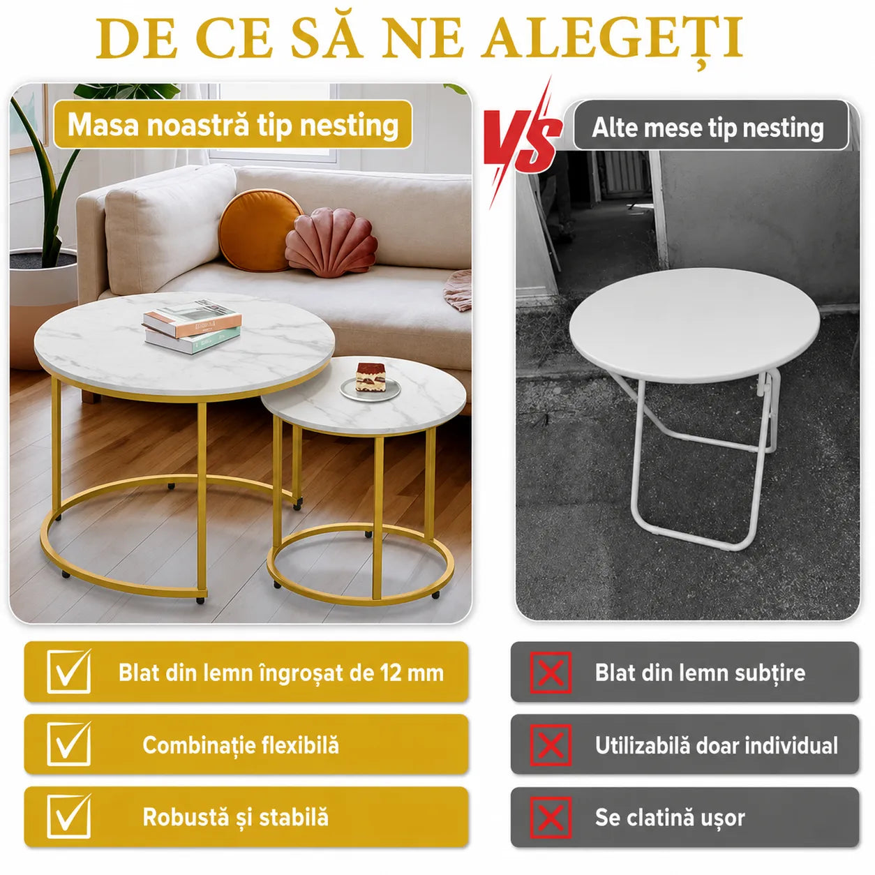 Set 2 Masute Rotunde cu Blat Marmorat Alb si Cadru Auriu - imagine 5