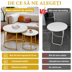 Set 2 Masute Rotunde cu Blat Marmorat Alb si Cadru Auriu - imagine 5