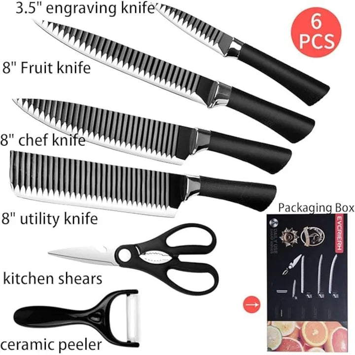 Set Cutite Bucatarie 6 Piese, Lame Ondulate Inox, Maner Antiderapant - imagine 2