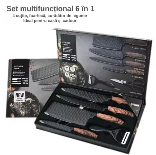 Set cutite bucatarie din inox, 6 piese, 4 cutite de bucatarie, 1 foarfeca din otel inoxidabil, 1 cutit din ceramica de decojit - imagine 2