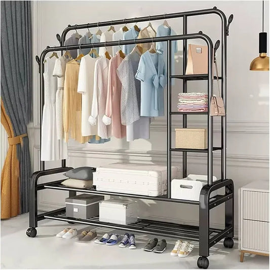 Suport Dublu de Umerase pentru Haine, Stand Metalic Organizator, 162x110cm, Negru, cu Roti