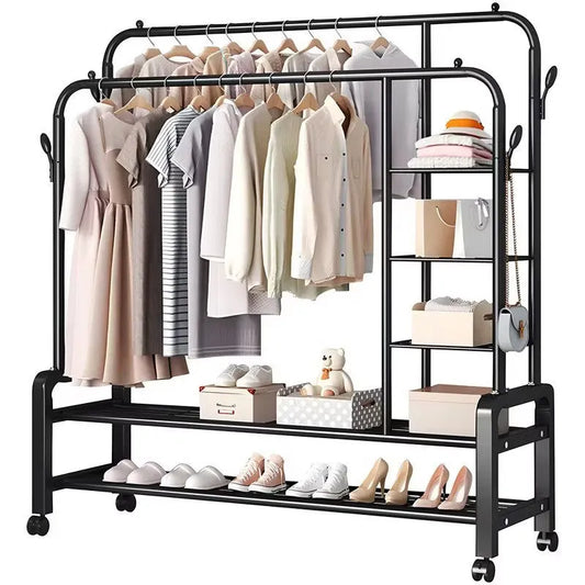 Suport Dublu de Umerase pentru Haine, Stand Metalic Organizator, 162x110cm, Negru, cu Roti - imagine 2