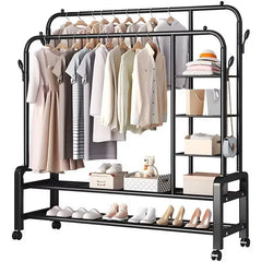 Suport Dublu de Umerase pentru Haine, Stand Metalic Organizator, 162x110cm, Negru, cu Roti - imagine 2
